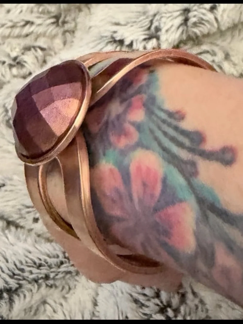 Vintage Copper Cuff bracelet metallic purple stone small-medium size EUC